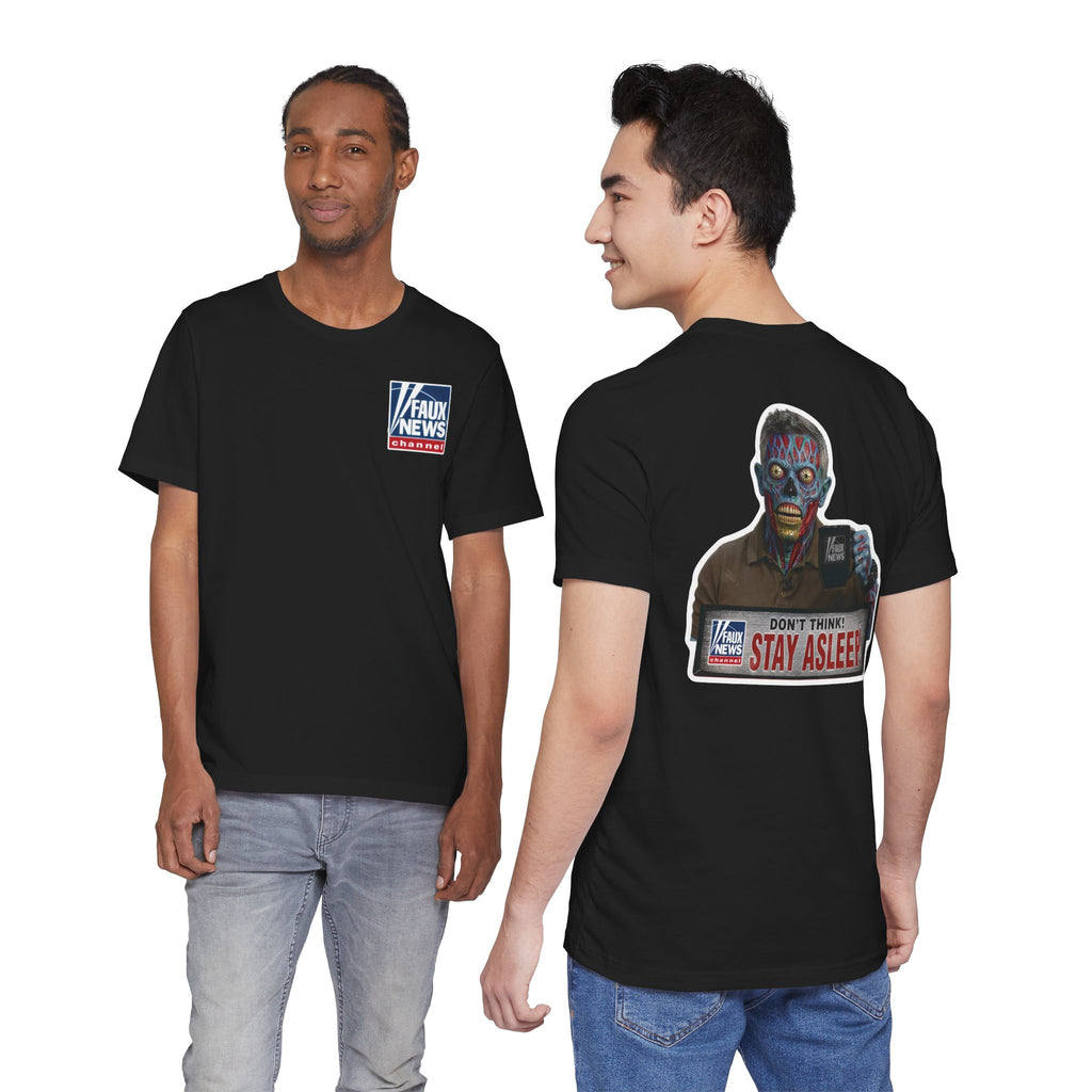 Faux News "STAY ASLEEP!" Satirical News Parody T-Shirt (Front & Back Print)