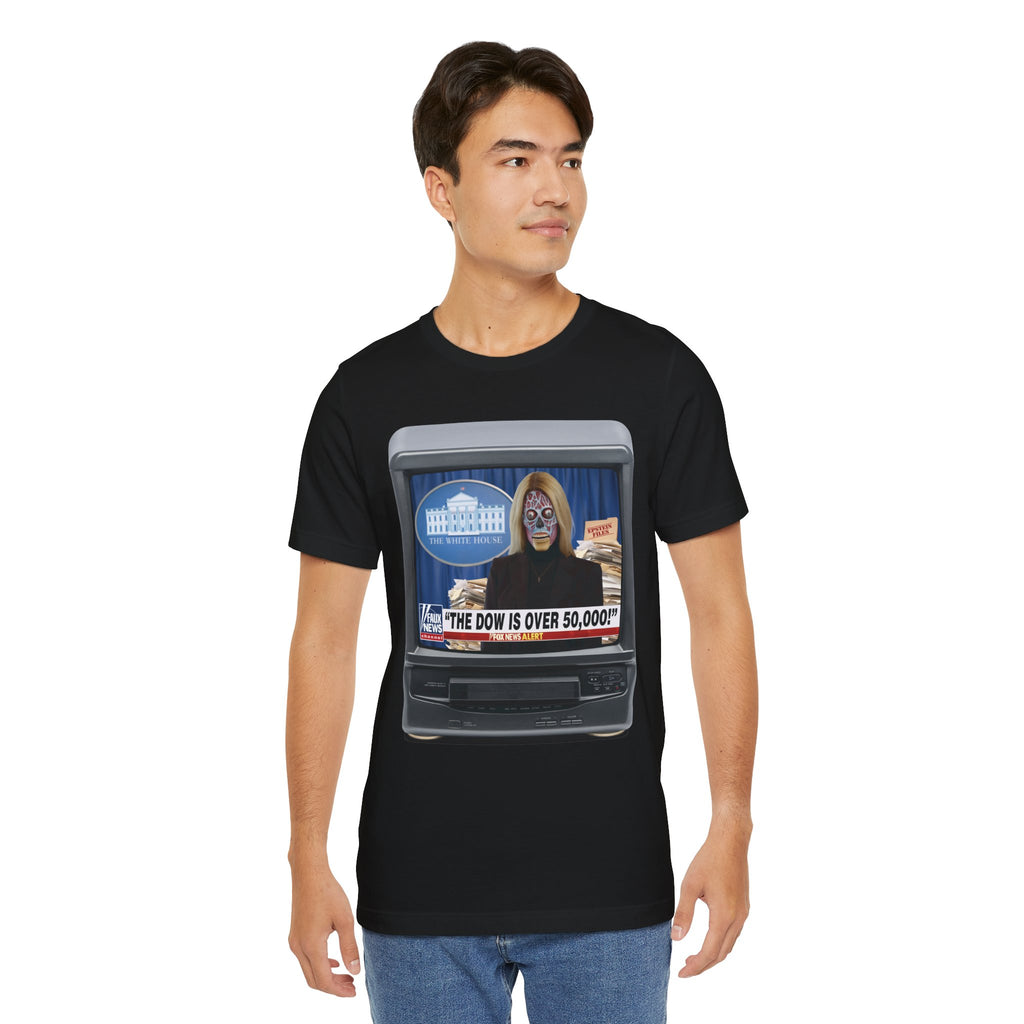 “THE DOW IS OVER 50,000” Satirical News Parody T-Shirt (Front Only)