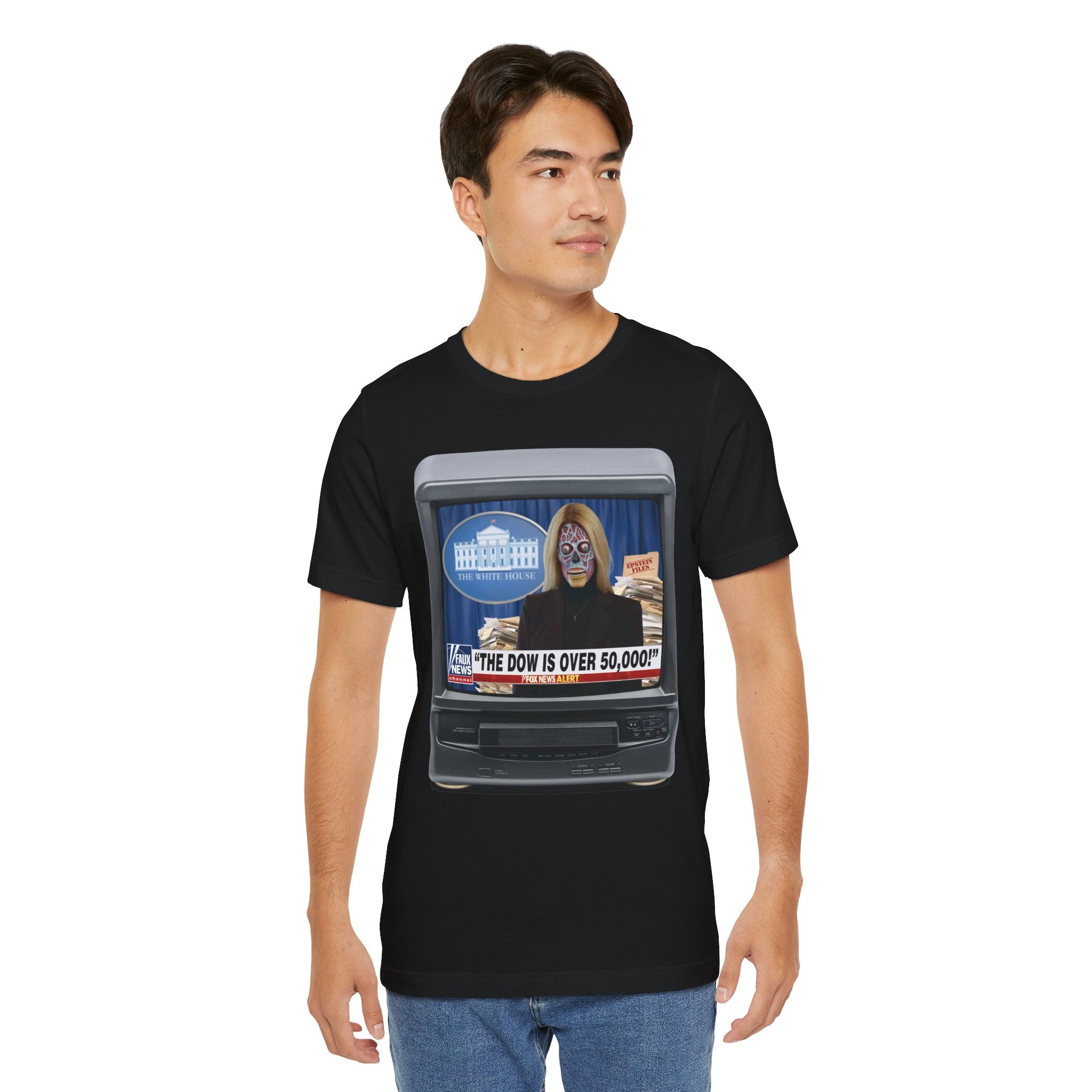 “THE DOW IS OVER 50,000” Satirical News Parody T-Shirt (Front Only)
