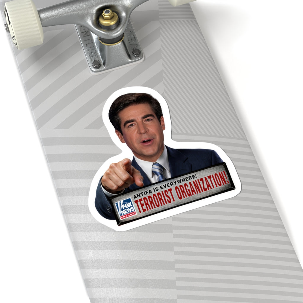 Political News Anchor as Human Pointing Sticker — "Terrorist Organization" Headline Kiss-Cut