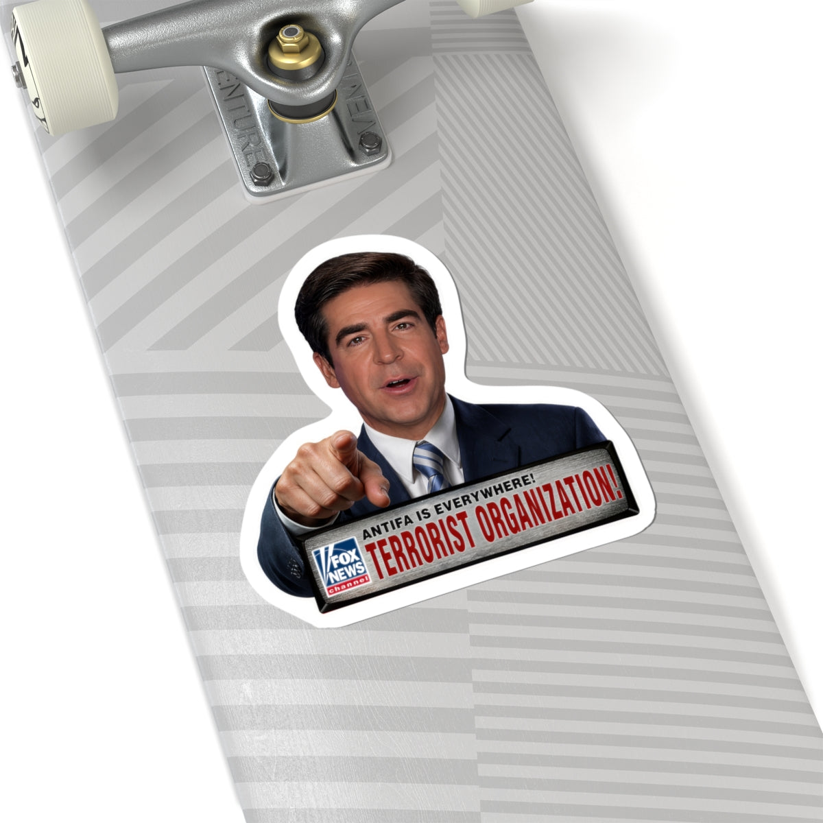 Political News Anchor as Human Pointing Sticker — "Terrorist Organization" Headline Kiss-Cut