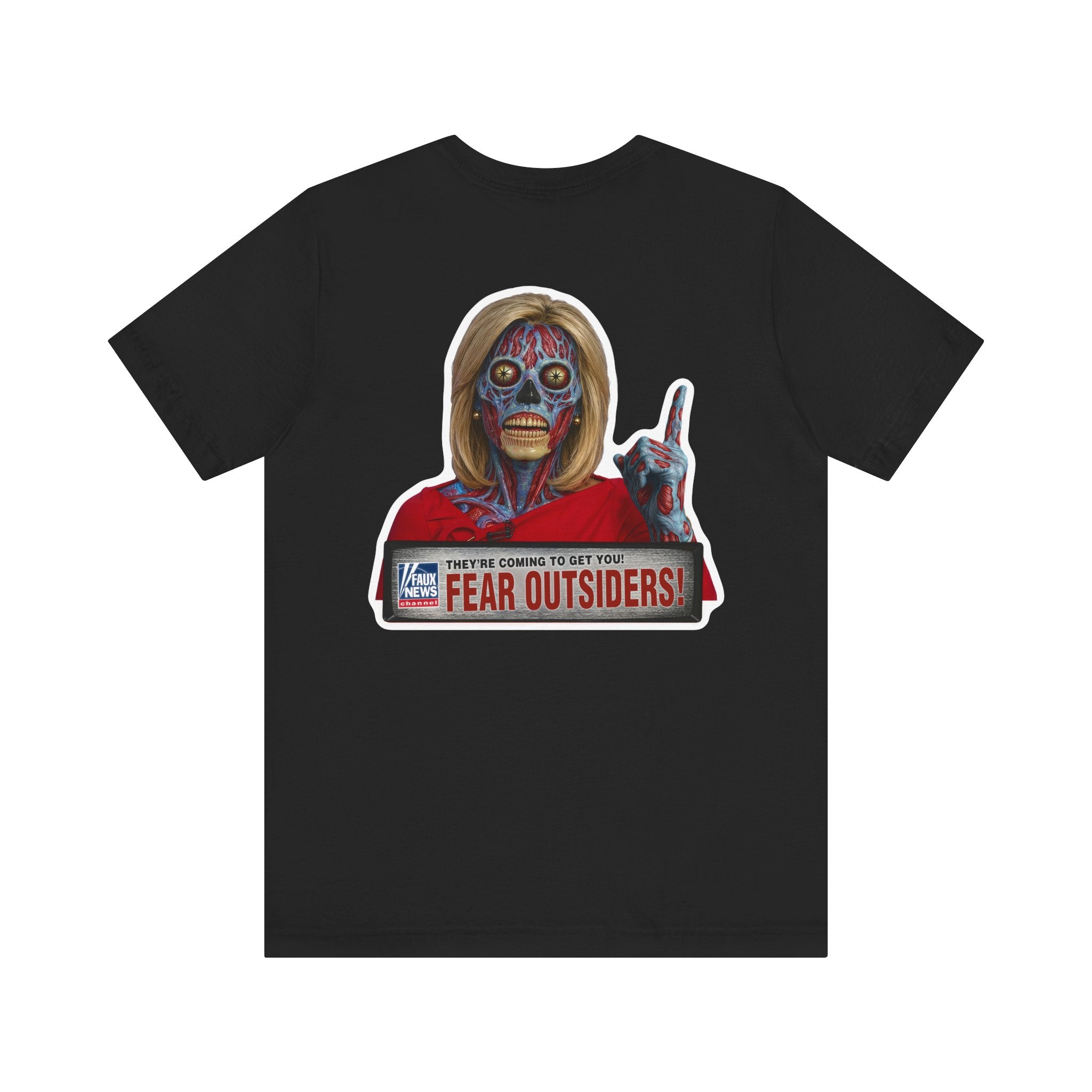 Faux News: FEAR OUTSIDERS - Satirical News Parody Alien T-Shirt (Front and back design)