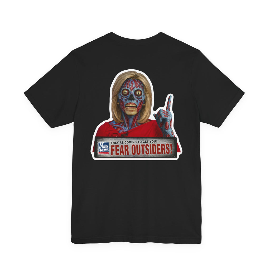 Faux News: FEAR OUTSIDERS - Satirical News Parody Alien T-Shirt (Front and back design)