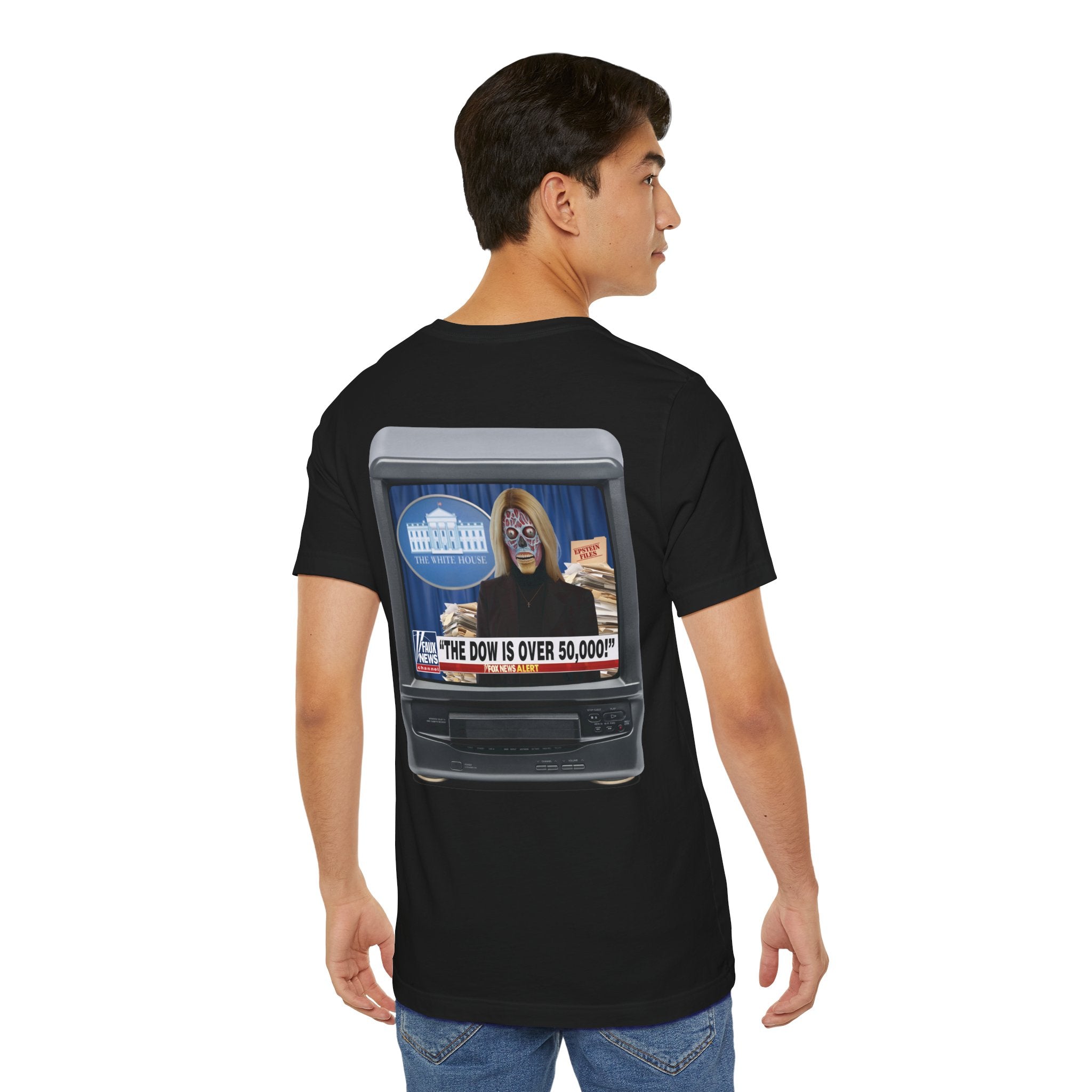 COLLECTOR'S EDITION 2-SIDED: “THE DOW IS OVER 50,000” Satirical News Parody T-Shirt (Front & Back Print)