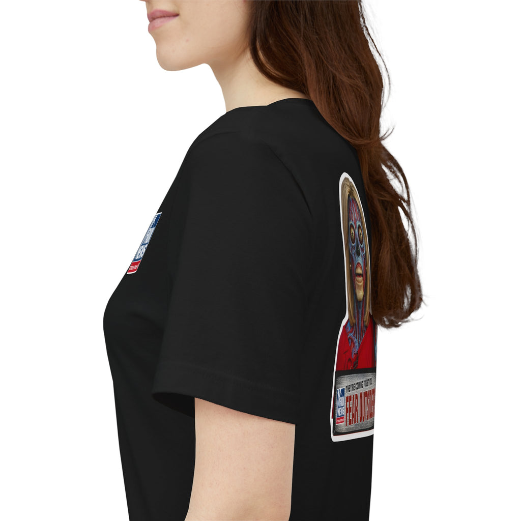 Faux News: FEAR OUTSIDERS - Satirical News Parody Alien T-Shirt (Front and back design)