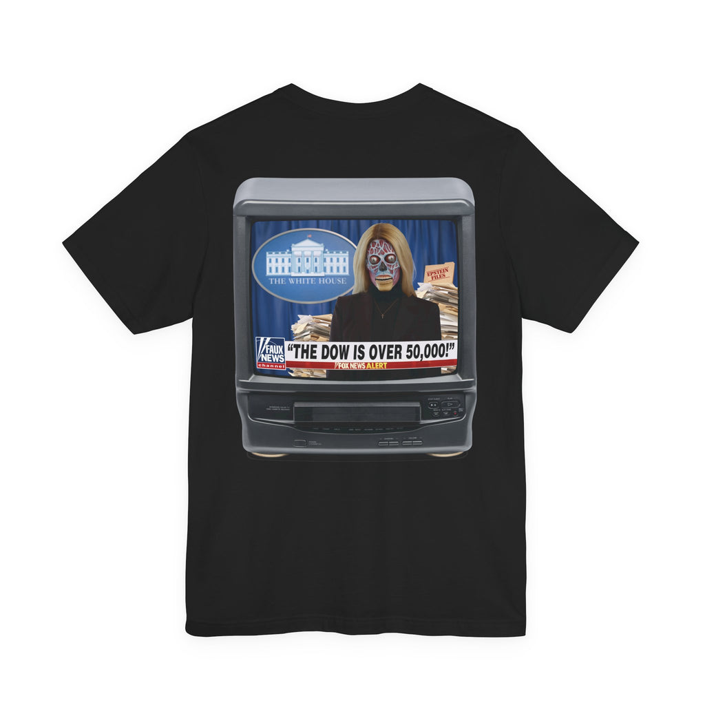 COLLECTOR'S EDITION 2-SIDED: “THE DOW IS OVER 50,000” Satirical News Parody T-Shirt (Front & Back Print)