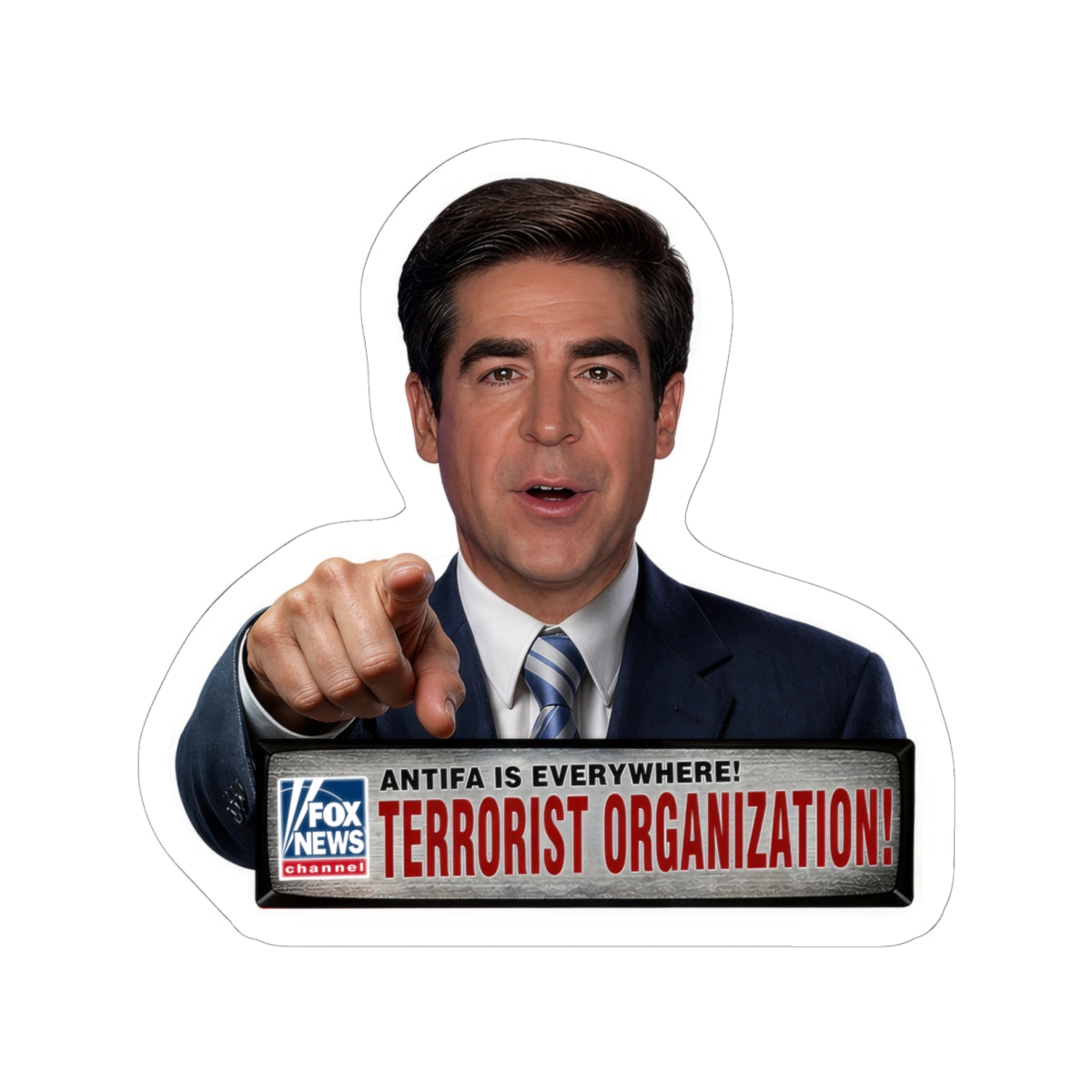 Political News Anchor as Human Pointing Sticker — "Terrorist Organization" Headline Kiss-Cut