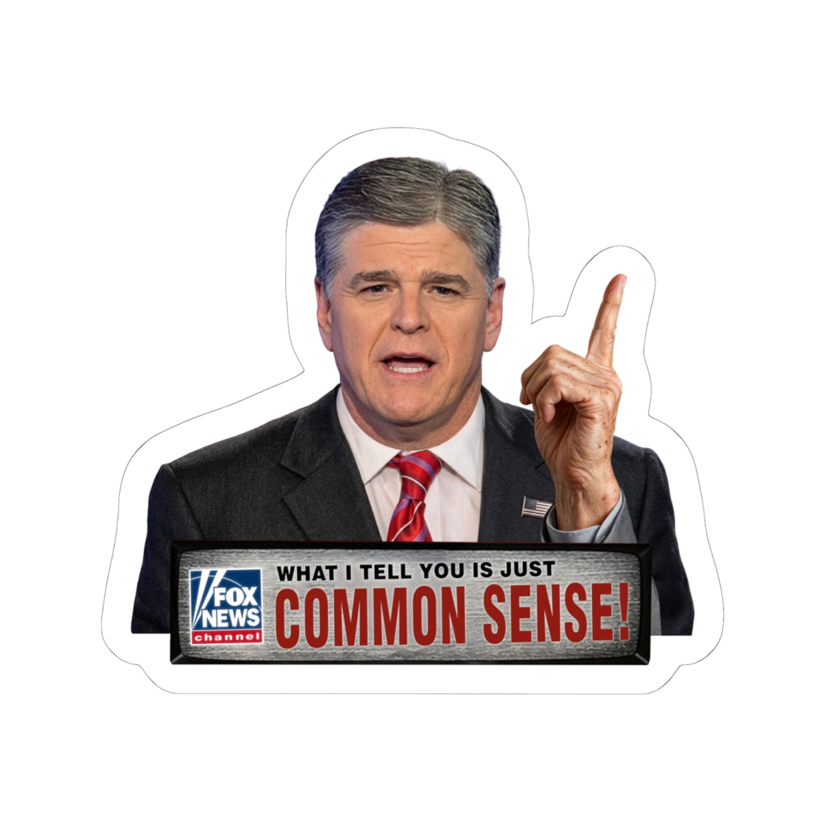 Political News Anchor as Human Pointing Sticker — "COMMON SENSE" Headline Kiss-Cut
