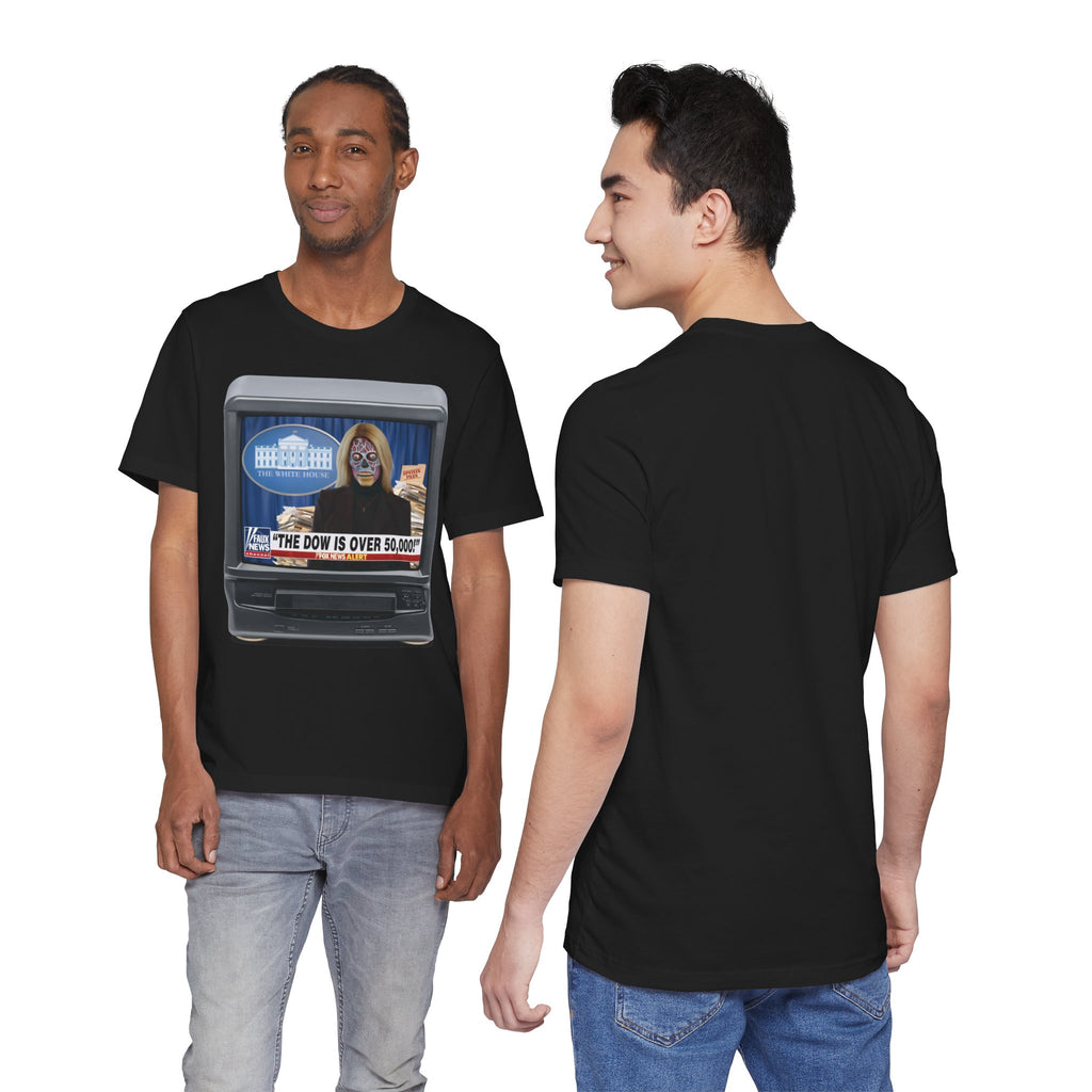 “THE DOW IS OVER 50,000” Satirical News Parody T-Shirt (Front Only)