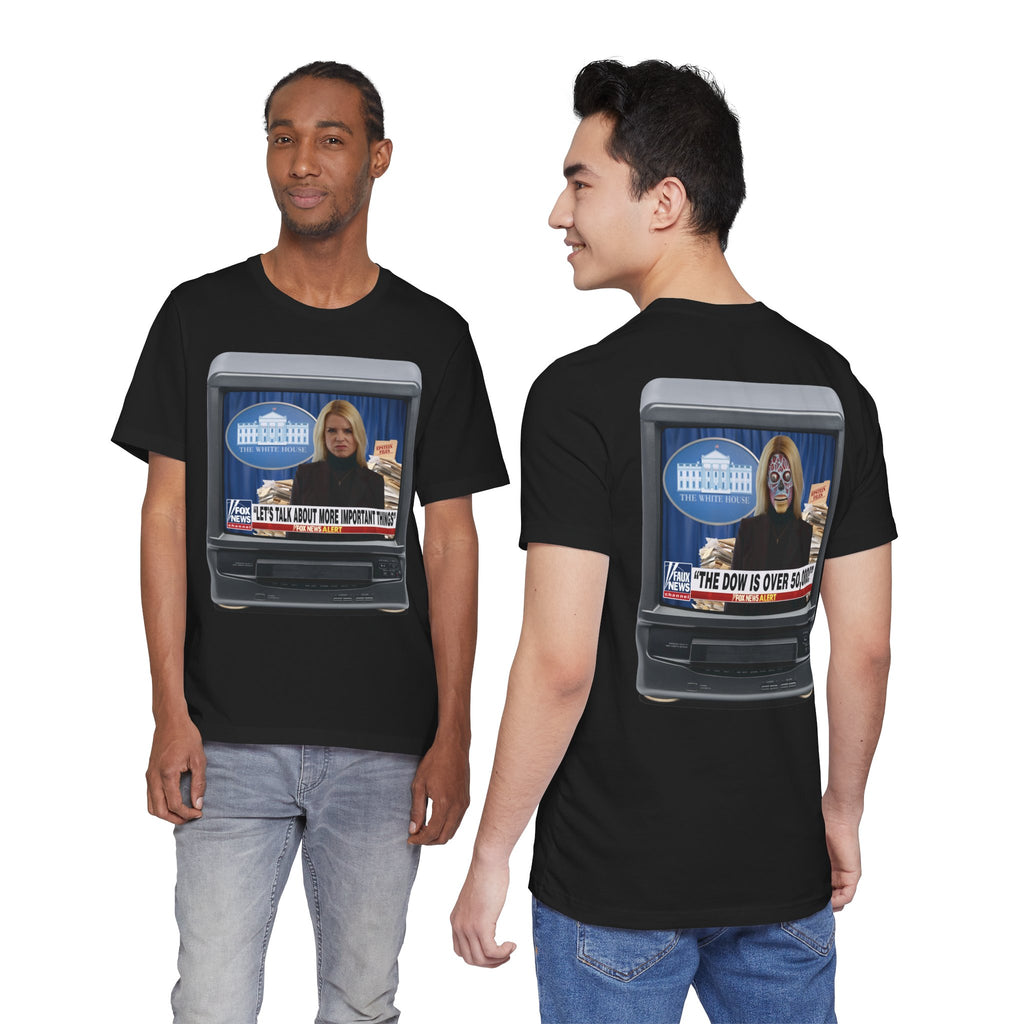 COLLECTOR'S EDITION 2-SIDED: “THE DOW IS OVER 50,000” Satirical News Parody T-Shirt (Front & Back Print)