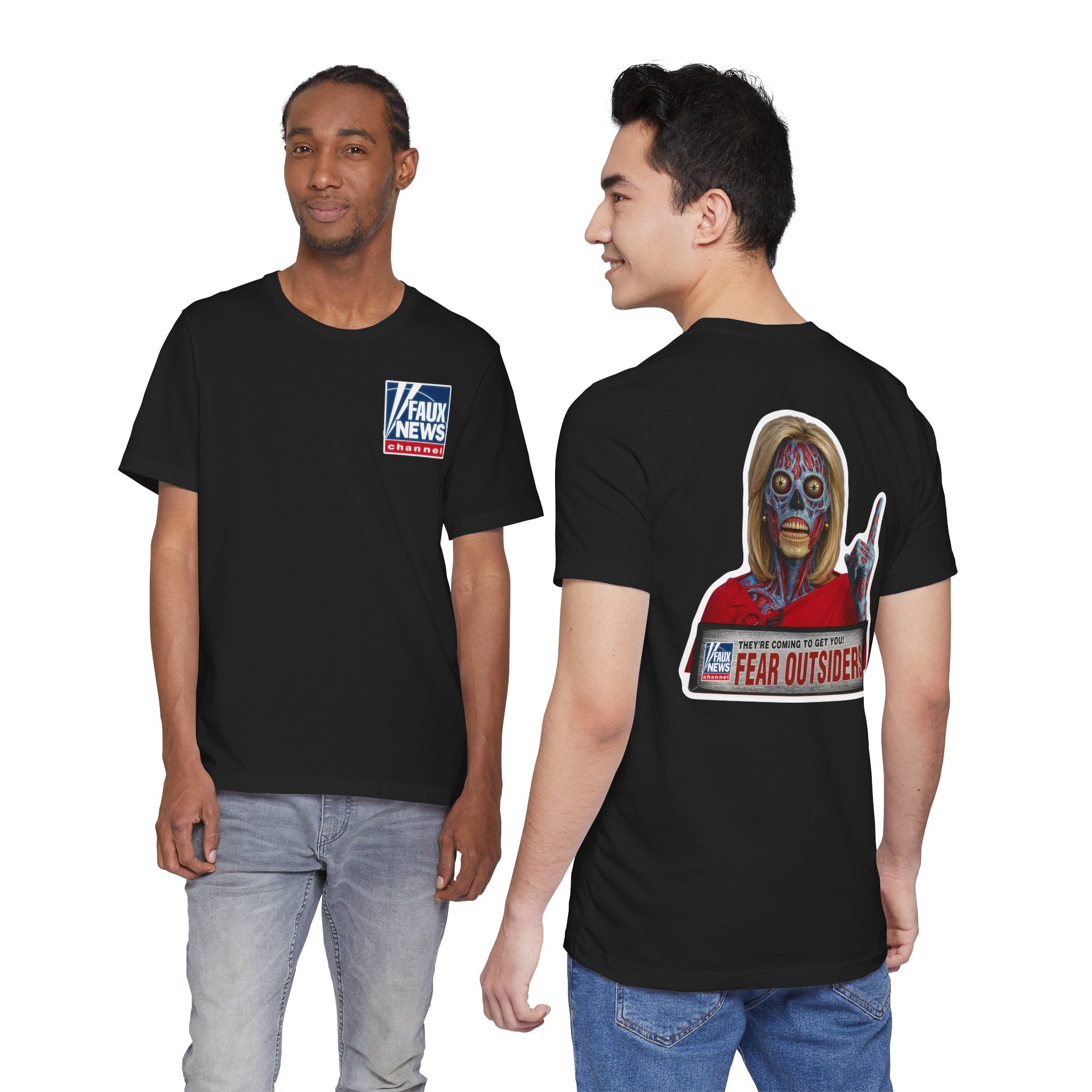 Faux News: FEAR OUTSIDERS - Satirical News Parody Alien T-Shirt (Front and back design)