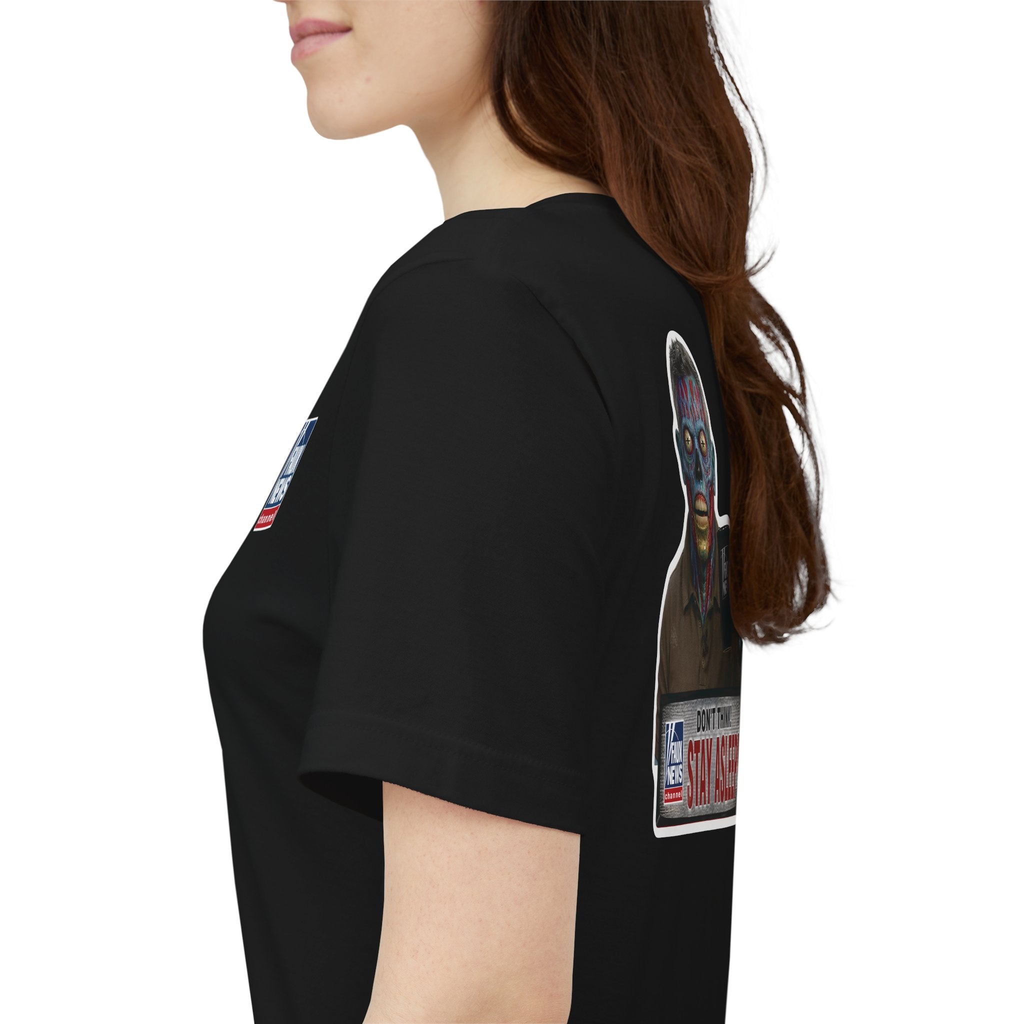Faux News "STAY ASLEEP!" Satirical News Parody T-Shirt (Front & Back Print)