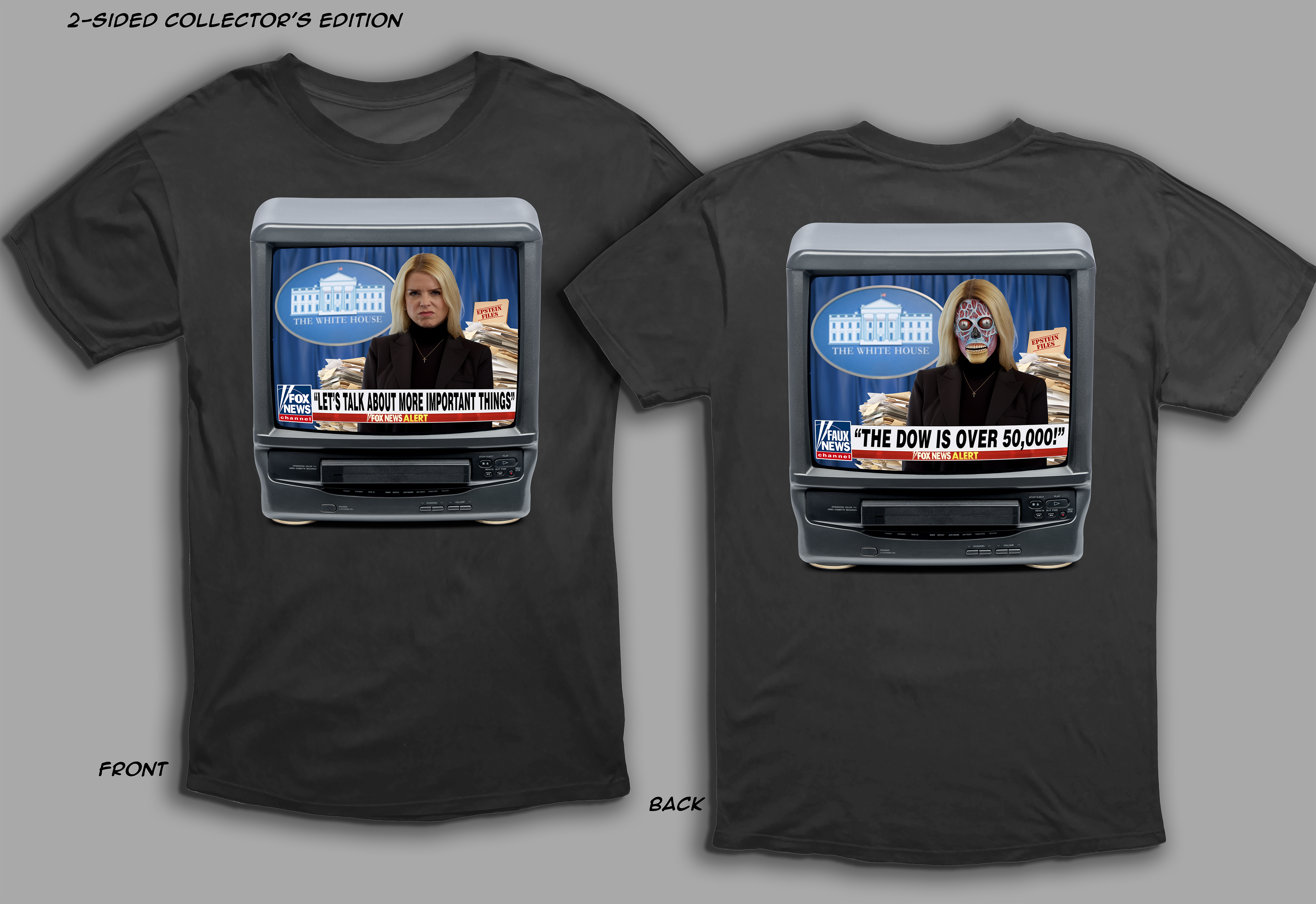 COLLECTOR'S EDITION 2-SIDED: “THE DOW IS OVER 50,000” Satirical News Parody T-Shirt (Front & Back Print)