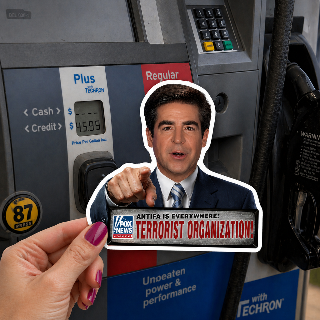 Political News Anchor as Human Pointing Sticker — "Terrorist Organization" Headline Kiss-Cut