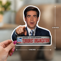 Political News Anchor as Human Pointing Sticker — "Terrorist Organization" Headline Kiss-Cut