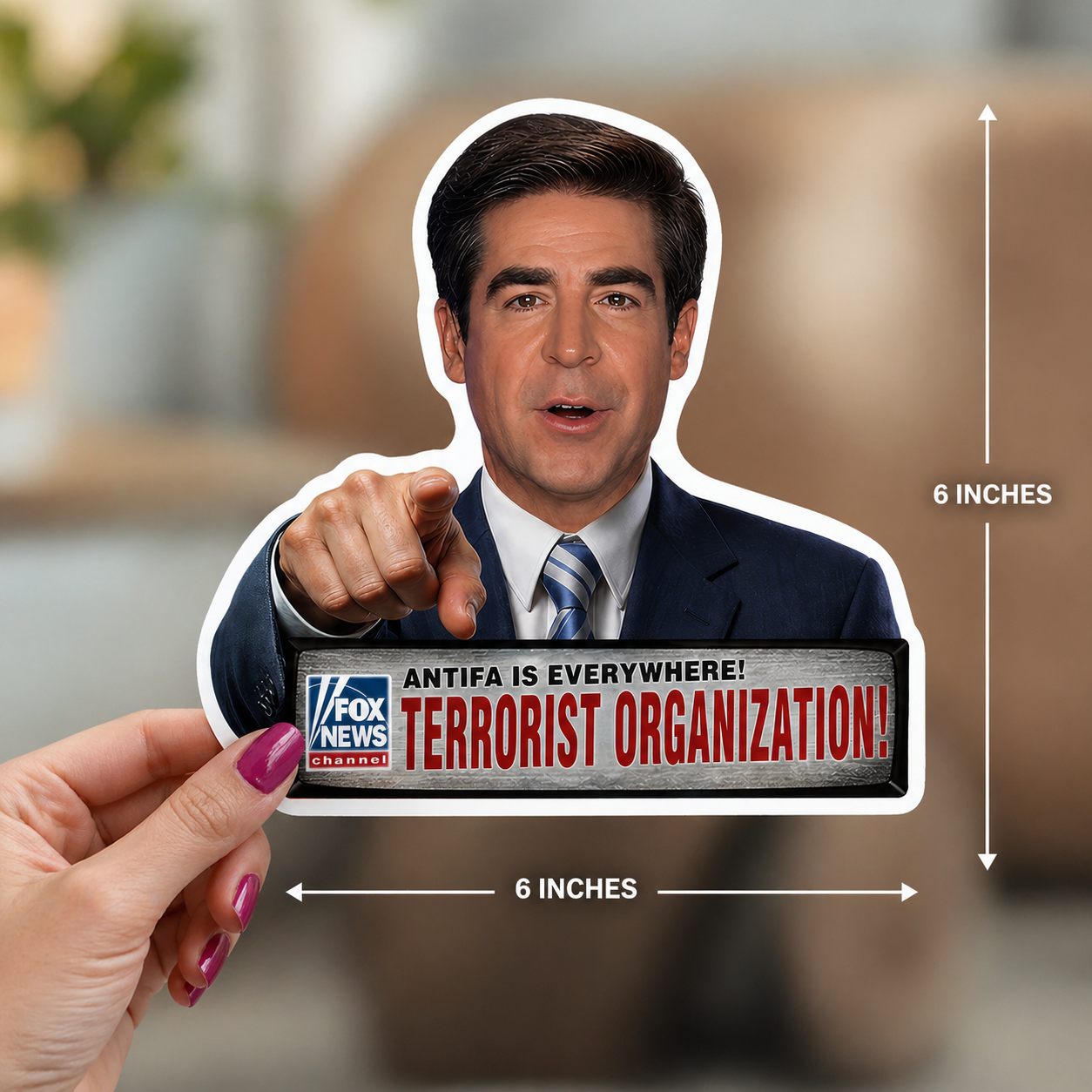 Political News Anchor as Human Pointing Sticker — "Terrorist Organization" Headline Kiss-Cut