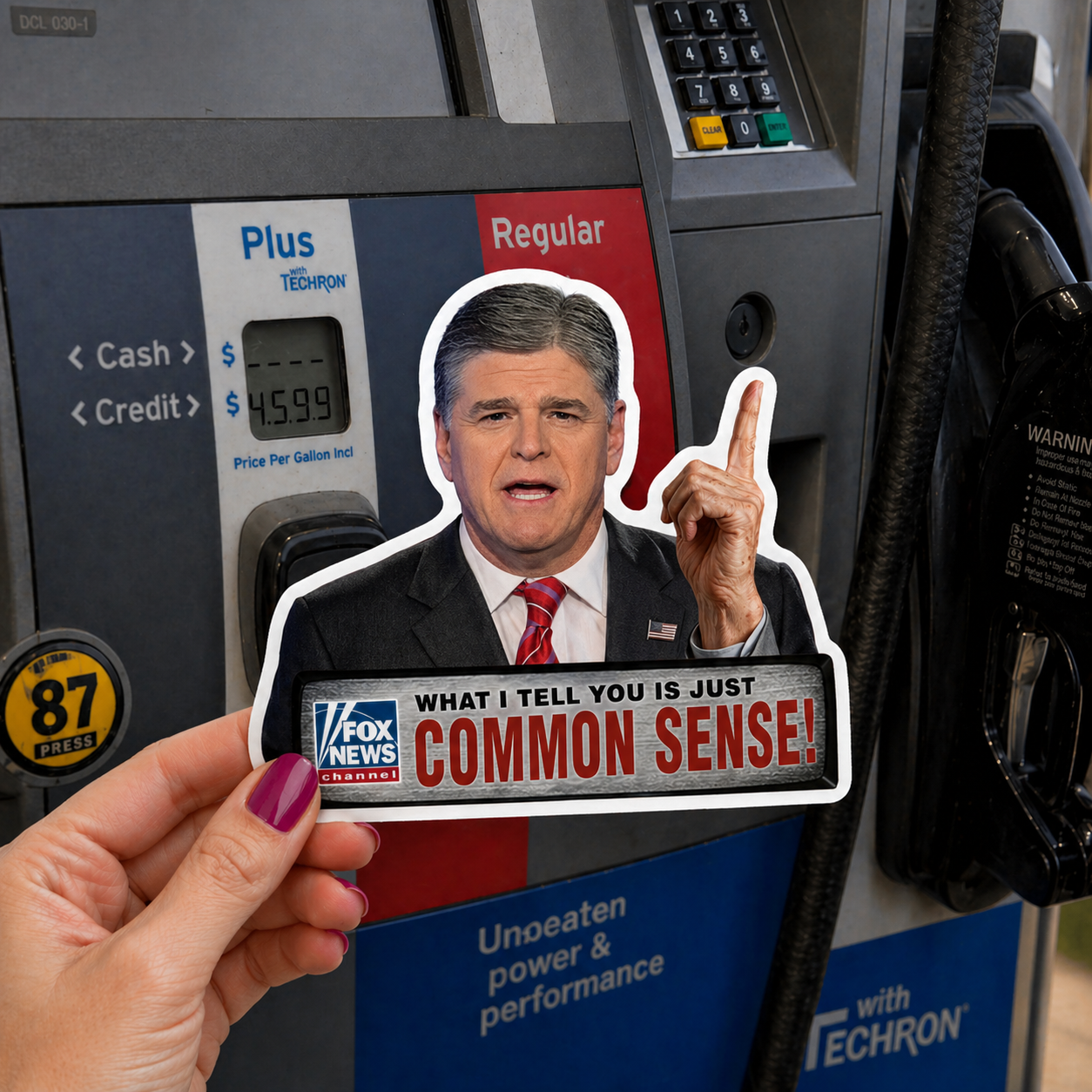 Political News Anchor as Human Pointing Sticker — "COMMON SENSE" Headline Kiss-Cut