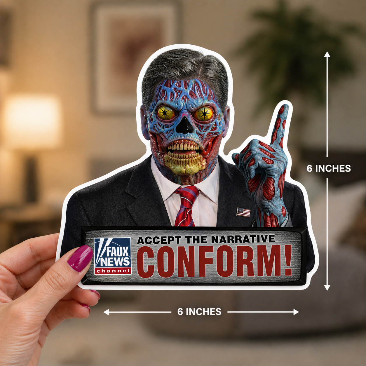Political News Anchor as Alien Sticker — "CONFORM!"