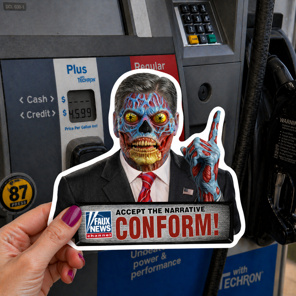 Political News Anchor as Alien Sticker — "CONFORM!"