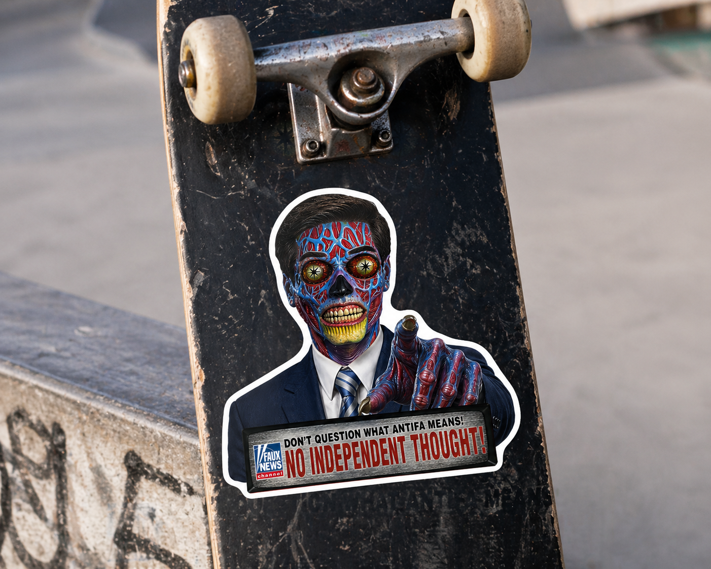 Political News Anchor as Alien Sticker — "NO THOUGHT" Headline