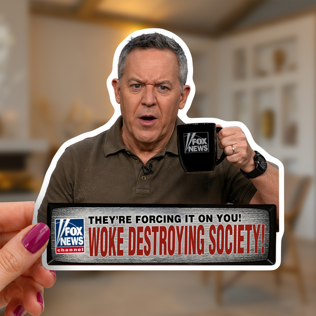 Political News Anchor as Human Sticker — "WOKE DESTROYING SOCIETY"