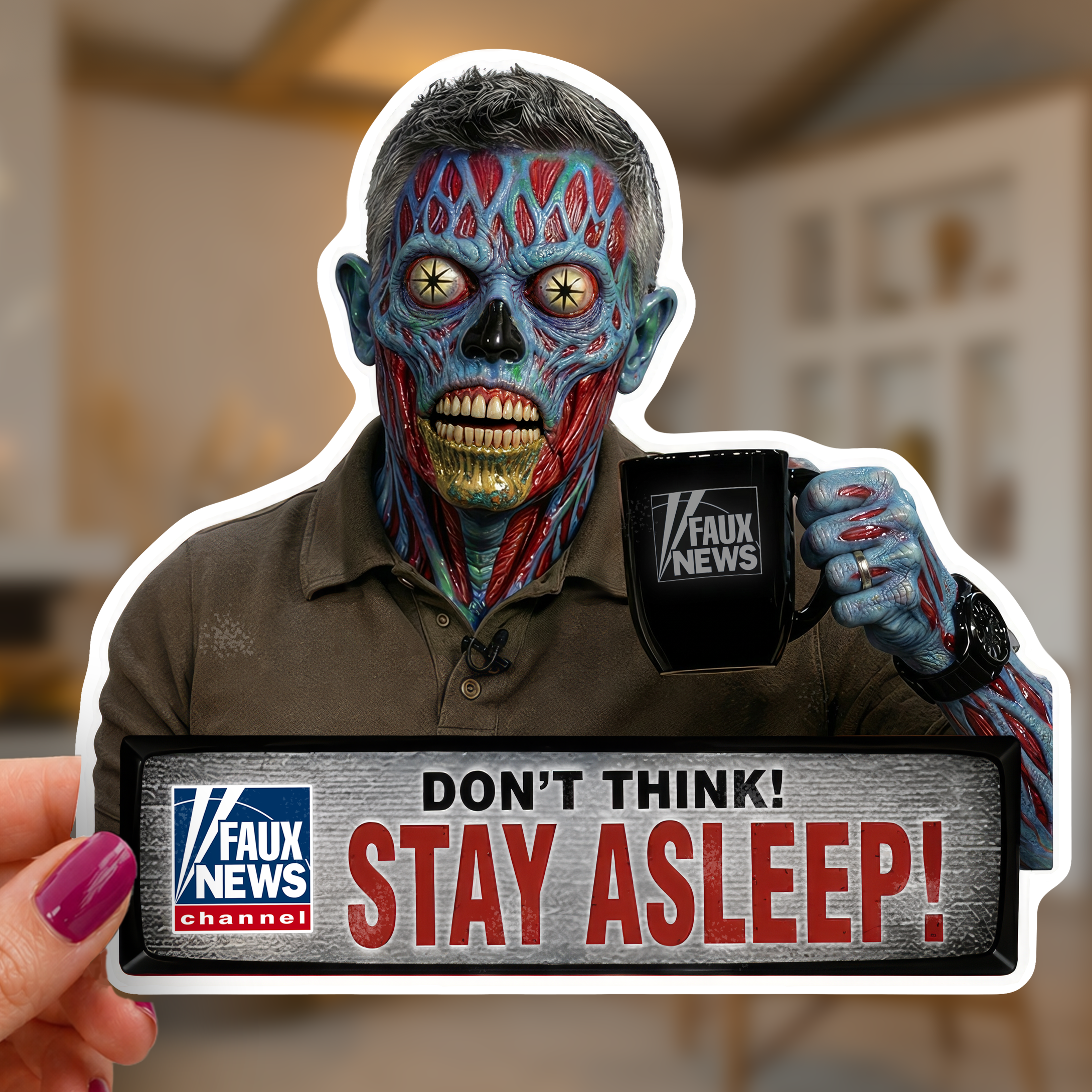 Political News Anchor as Alien Sticker — "STAY ASLEEP!"