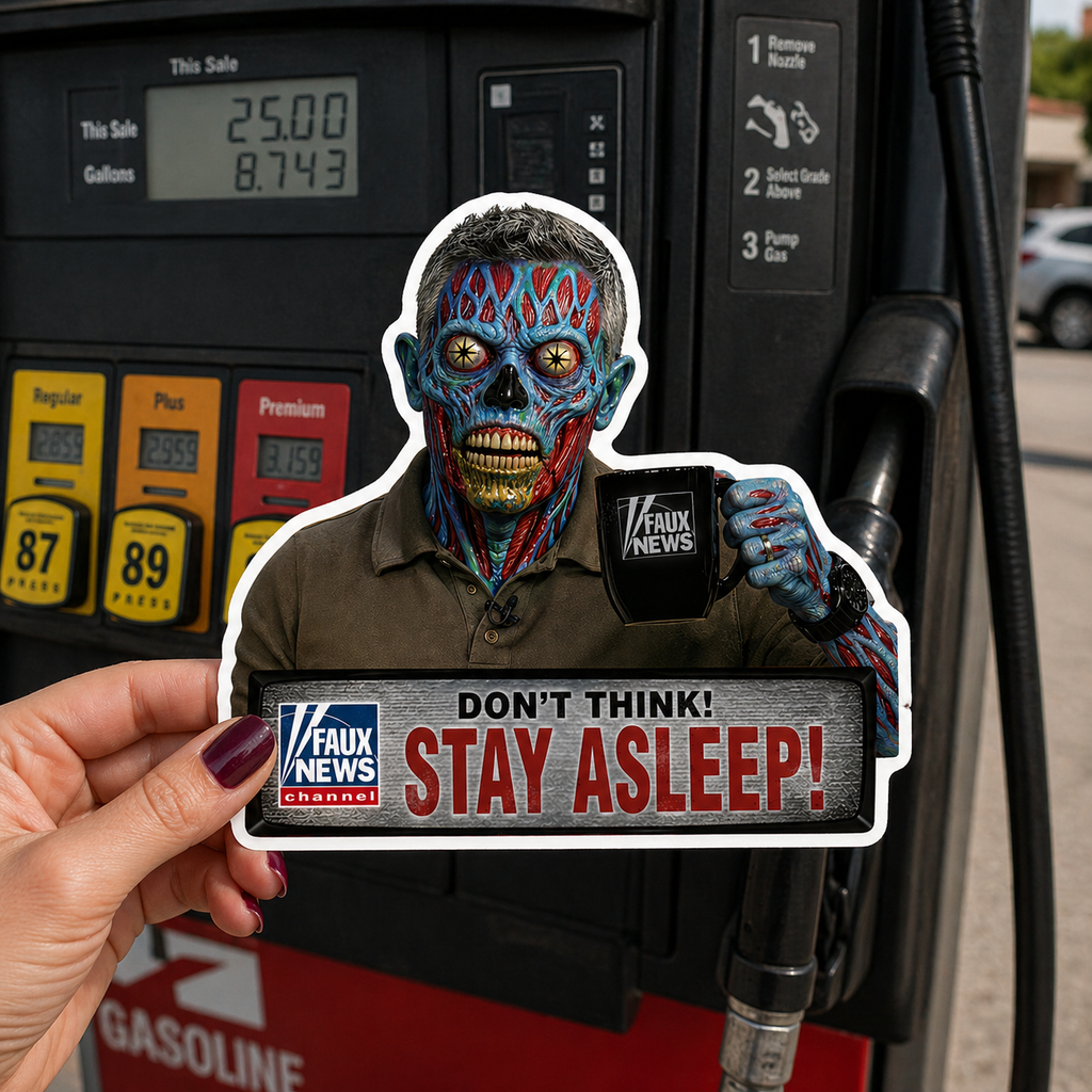 Political News Anchor as Alien Sticker — "STAY ASLEEP!"