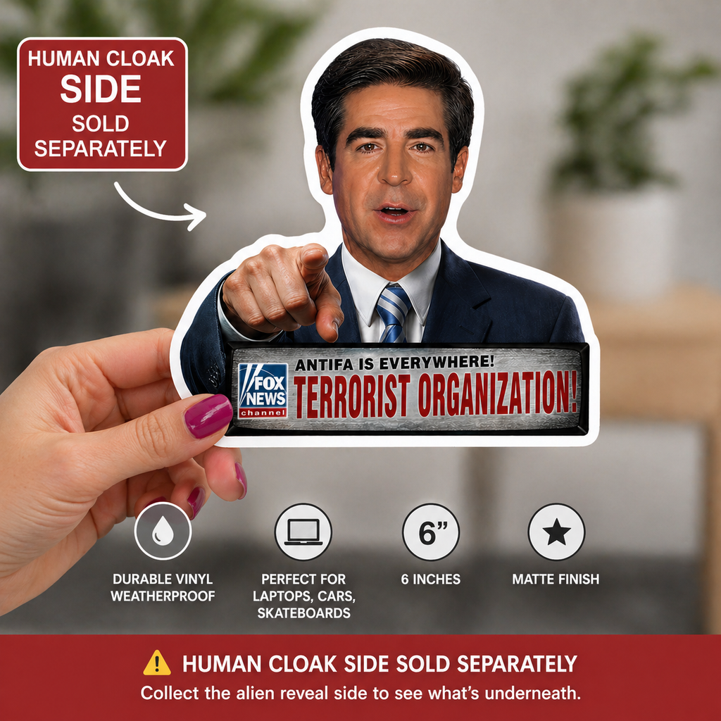 Political News Anchor as Alien Sticker — "NO THOUGHT" Headline