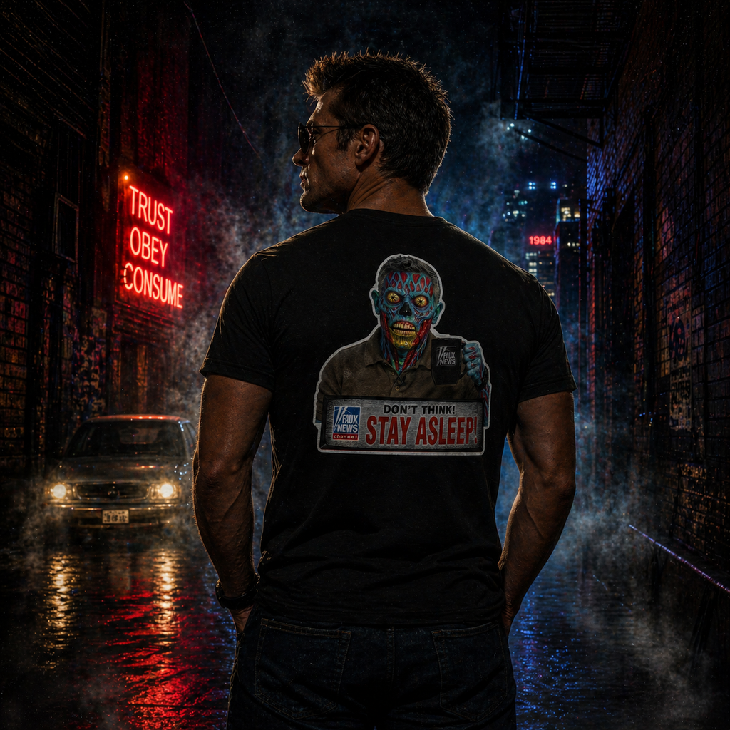 Faux News "STAY ASLEEP!" Satirical News Parody T-Shirt (Front & Back Print)