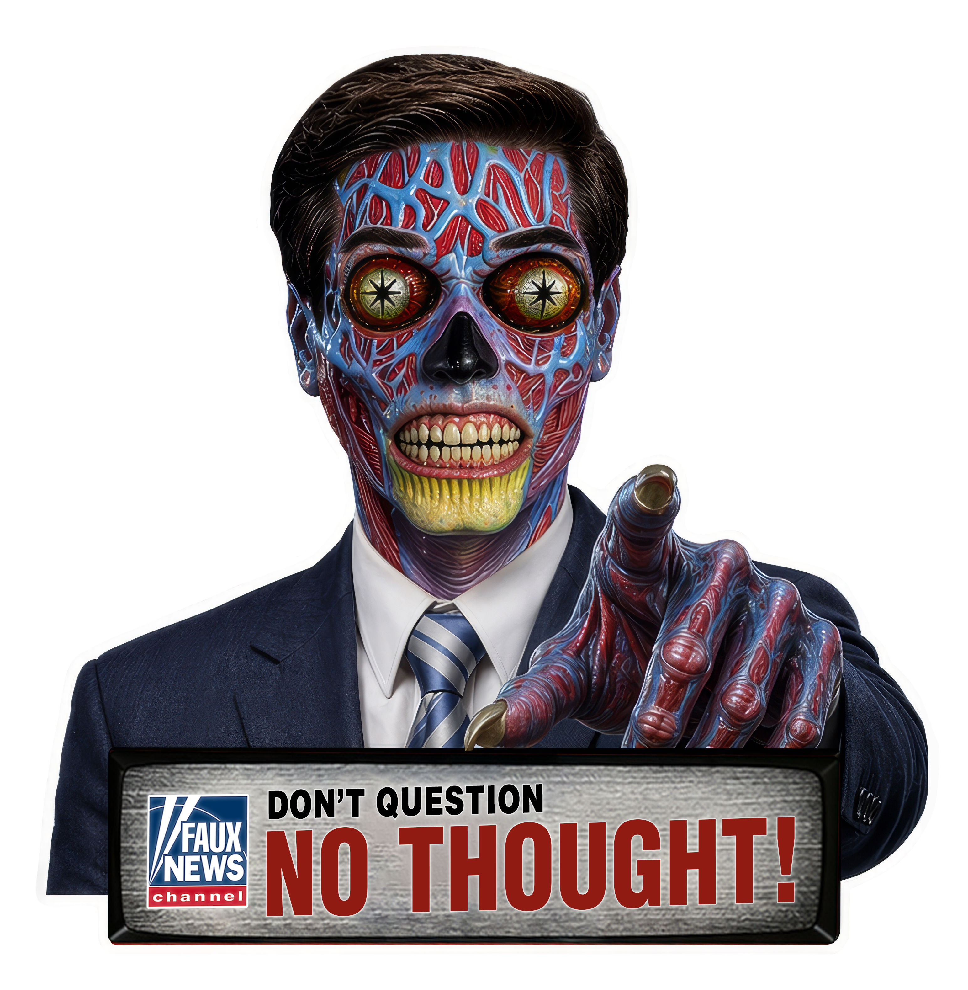 Faux News: NO THOUGHT! - Satirical News Parody Alien T-Shirt (Front and back design)