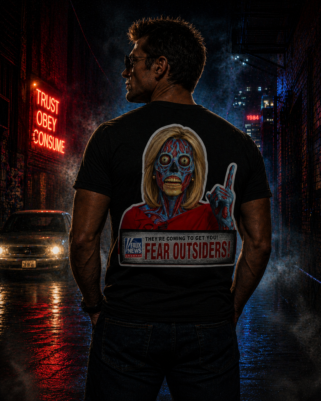 Faux News: FEAR OUTSIDERS - Satirical News Parody Alien T-Shirt (Front and back design)
