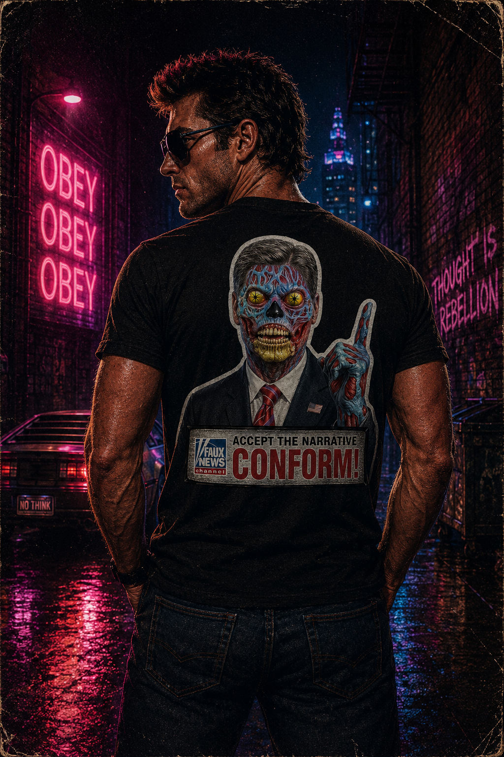 Faux News: CONFORM! Political News Anchor Alien T-Shirt (Front and back design)