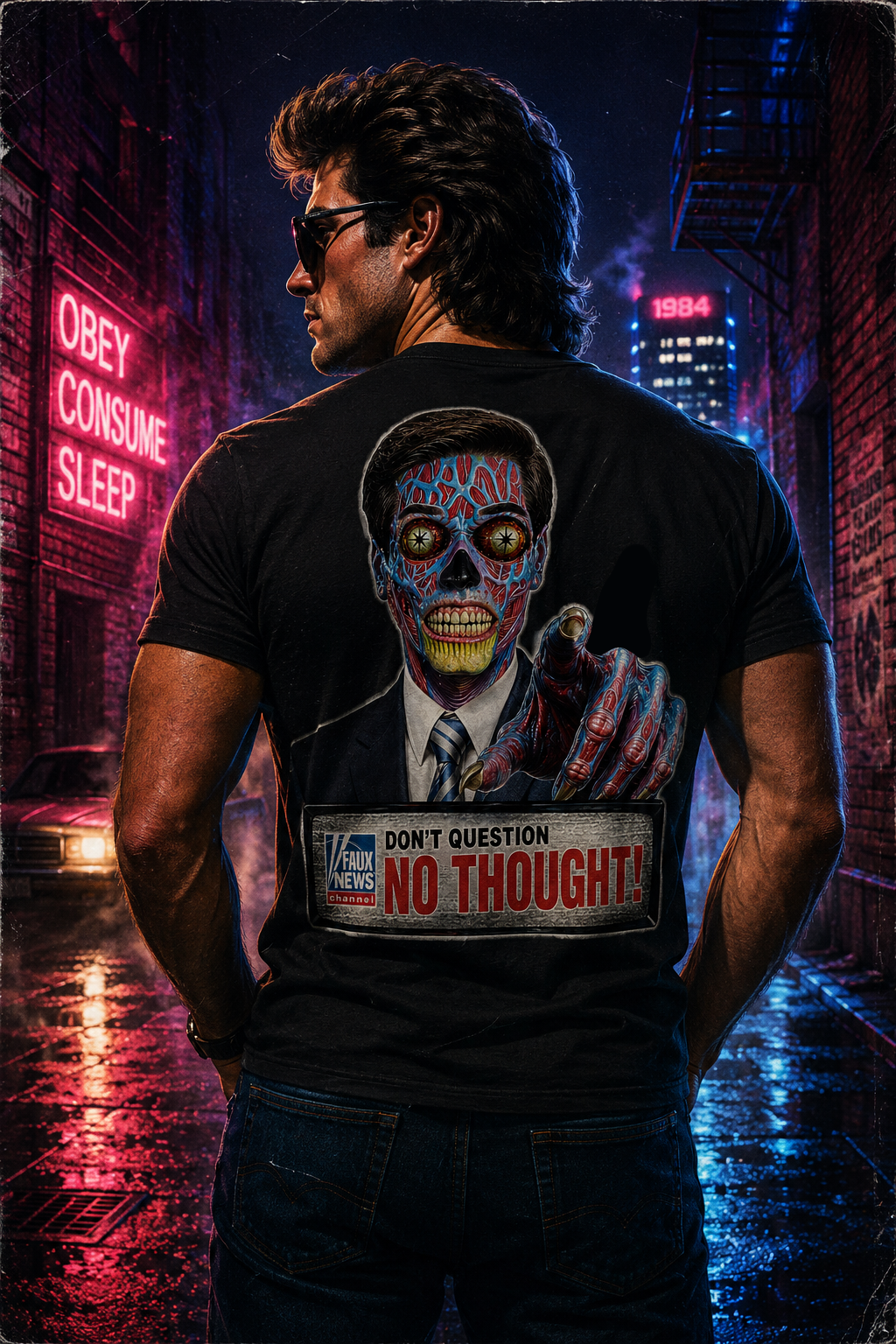 Faux News: NO INDEPENDENT THOUGHT! Political News Anchor Alien T-Shirt (front and back design)