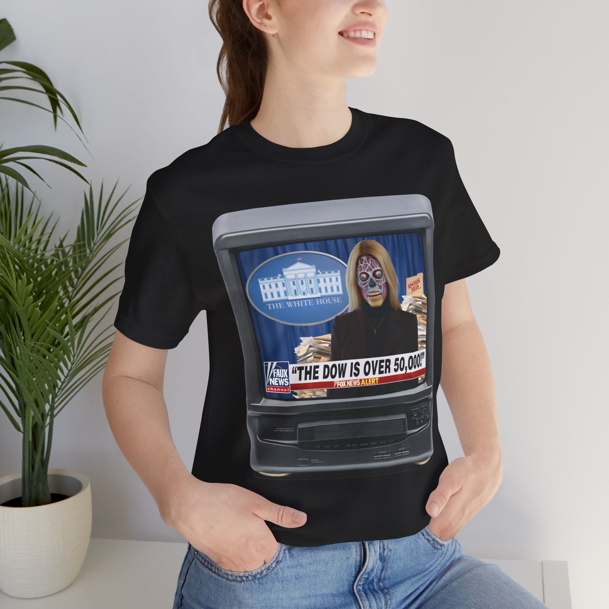 “THE DOW IS OVER 50,000” Satirical News Parody T-Shirt (Front Only)