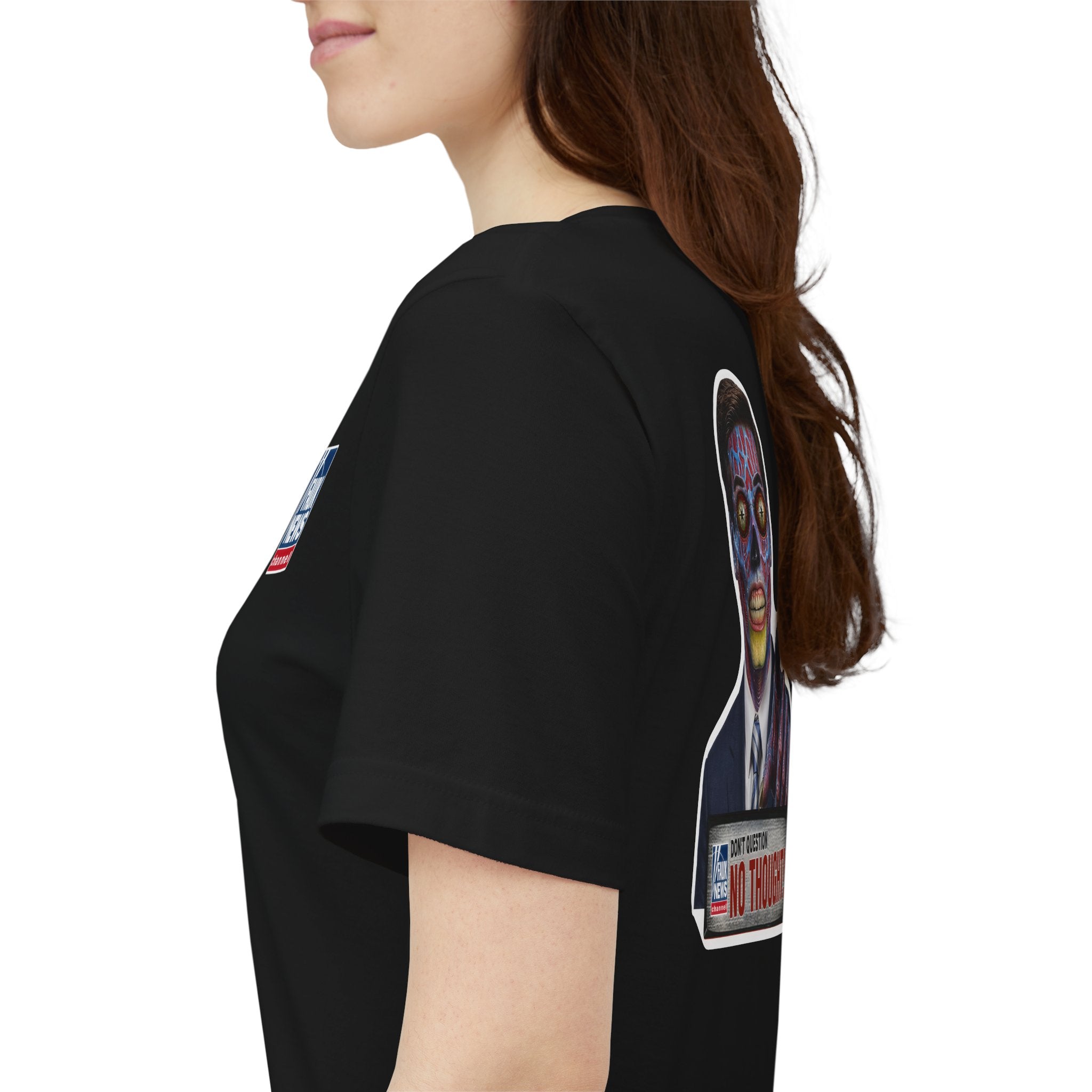 Faux News: NO THOUGHT! - Satirical News Parody Alien T-Shirt (Front and back design)