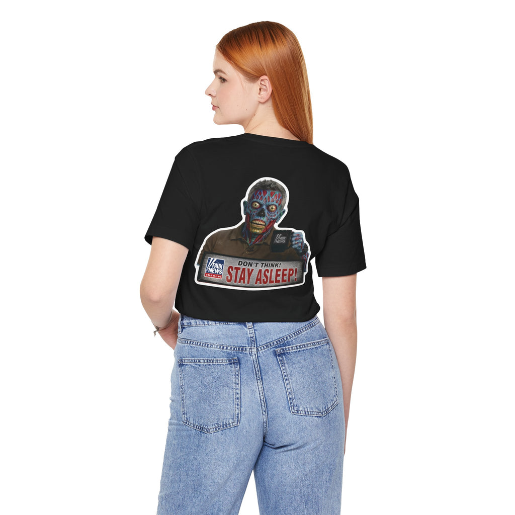 Faux News "STAY ASLEEP!" Satirical News Parody T-Shirt (Front & Back Print)