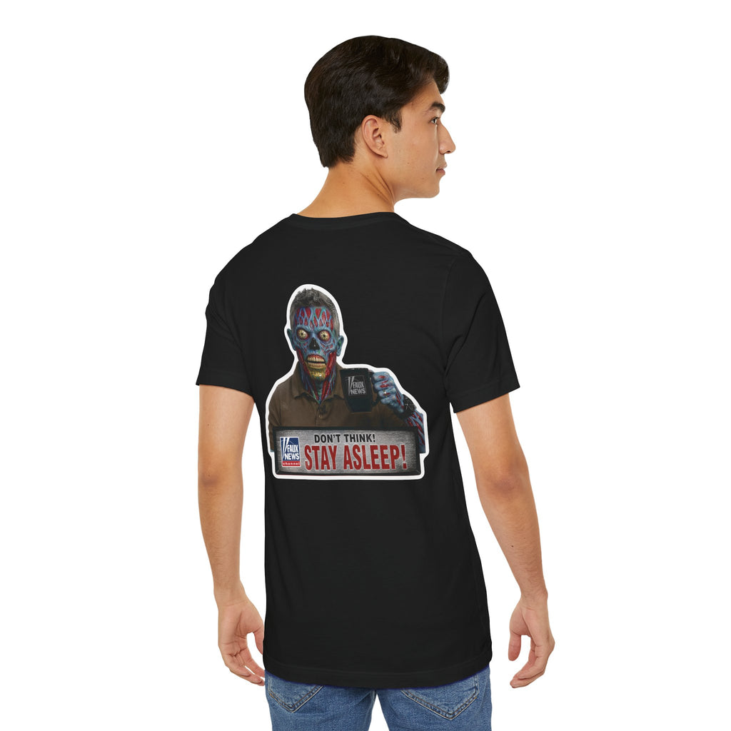Faux News "STAY ASLEEP!" Satirical News Parody T-Shirt (Front & Back Print)