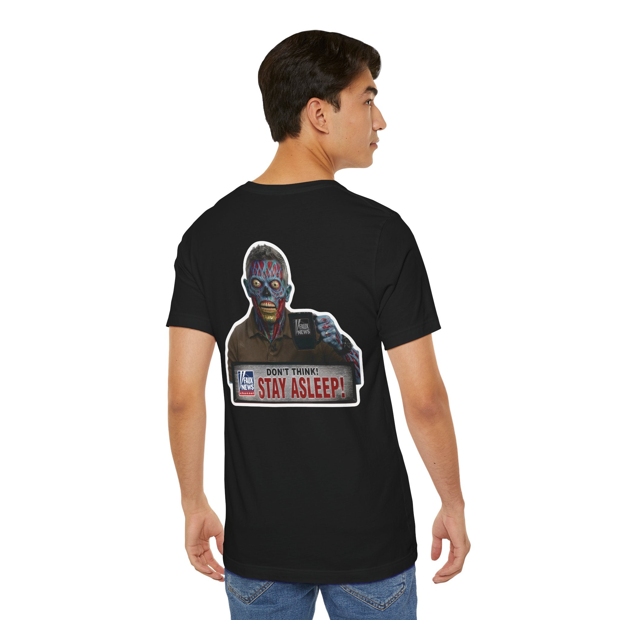 Faux News "STAY ASLEEP!" Satirical News Parody T-Shirt (Front & Back Print)