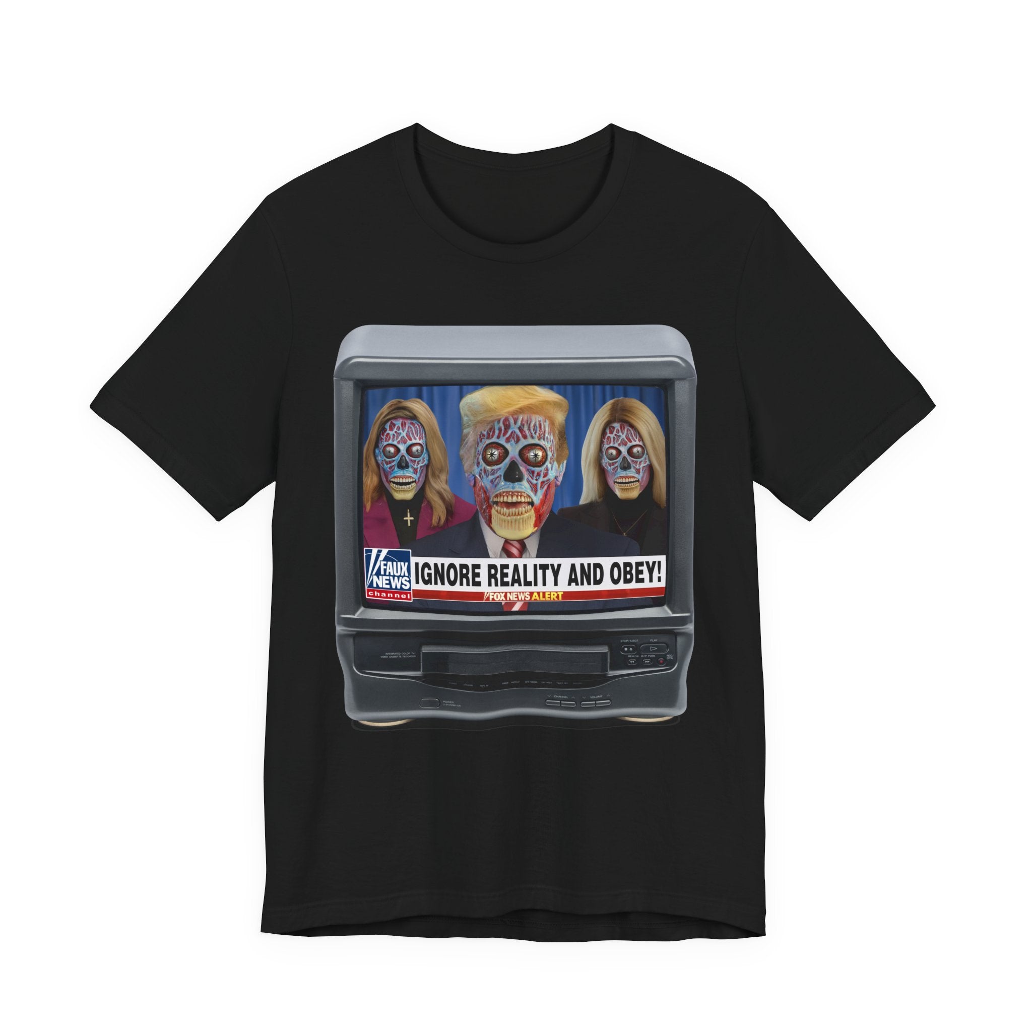 "IGNORE REALITY & OBEY!" Satirical News Parody T-Shirt (Front Only)