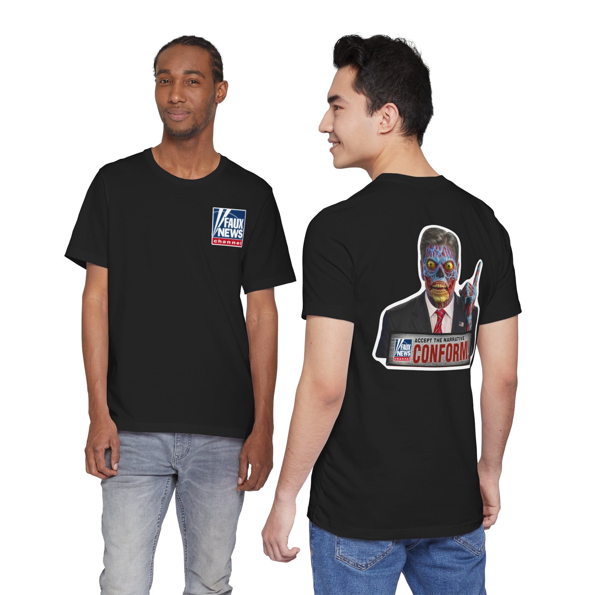 Faux News: CONFORM! Political News Anchor Alien T-Shirt (Front and back design)