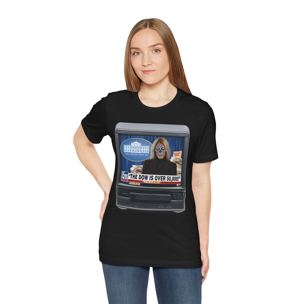 “THE DOW IS OVER 50,000” Satirical News Parody T-Shirt (Front Only)