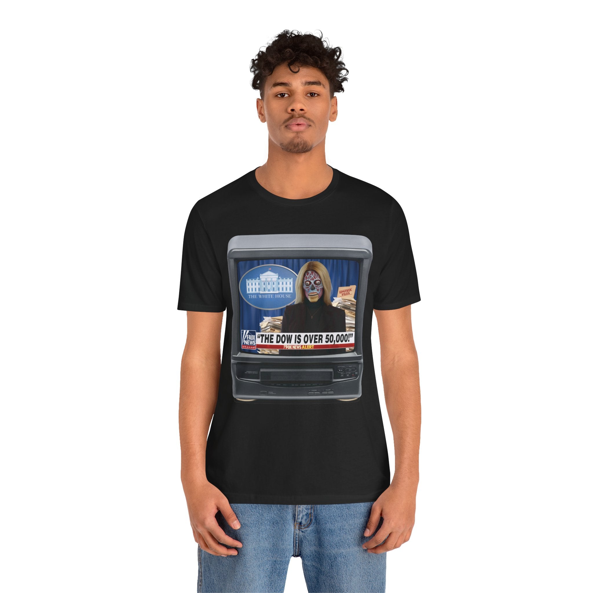 “THE DOW IS OVER 50,000” Satirical News Parody T-Shirt (Front Only)