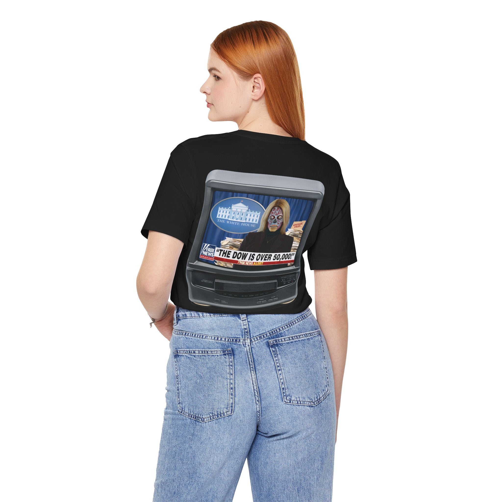 COLLECTOR'S EDITION 2-SIDED: “THE DOW IS OVER 50,000” Satirical News Parody T-Shirt (Front & Back Print)
