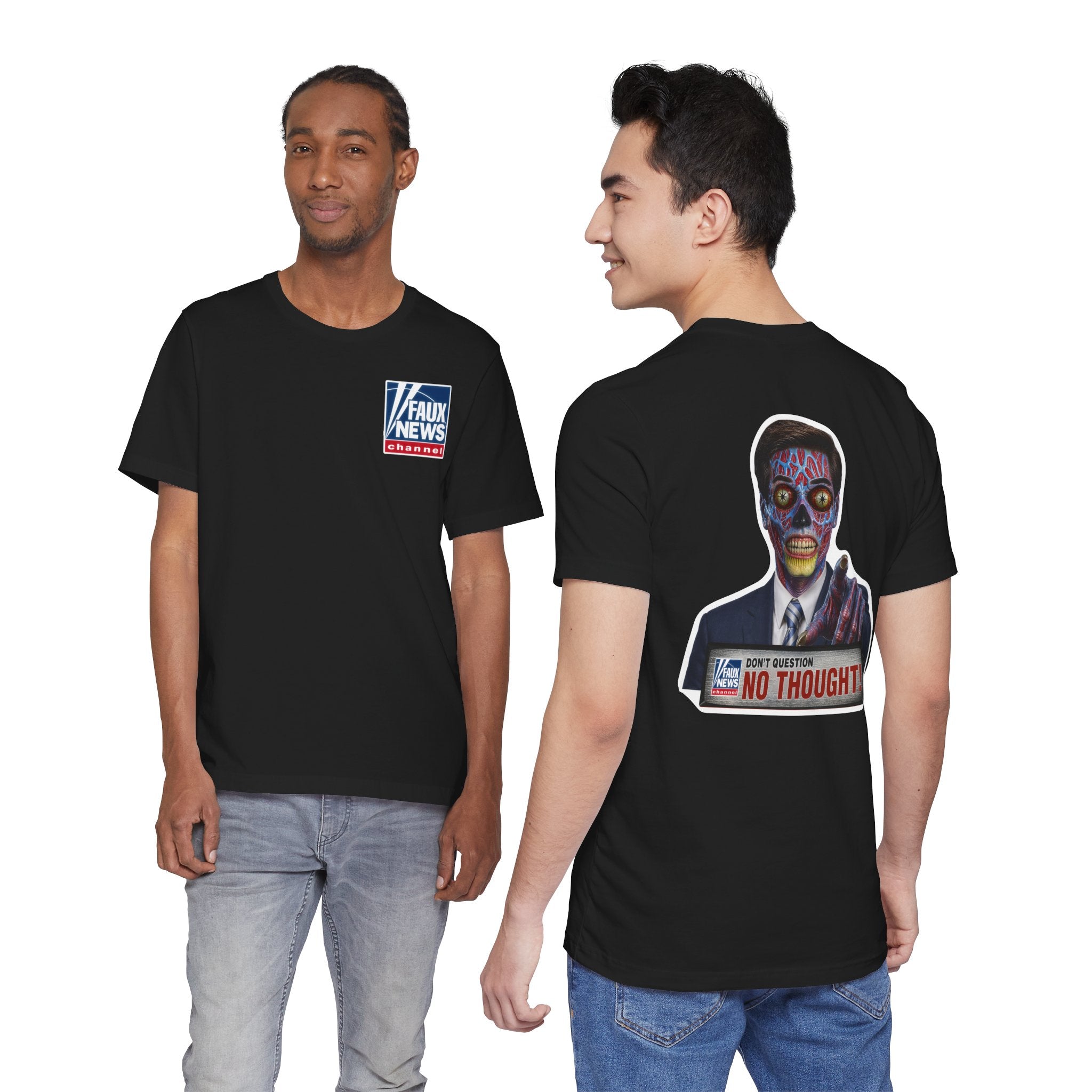 Faux News: NO THOUGHT! - Satirical News Parody Alien T-Shirt (Front and back design)