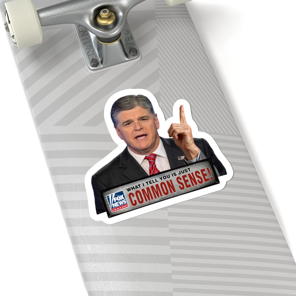Political News Anchor as Human Pointing Sticker — "COMMON SENSE" Headline Kiss-Cut